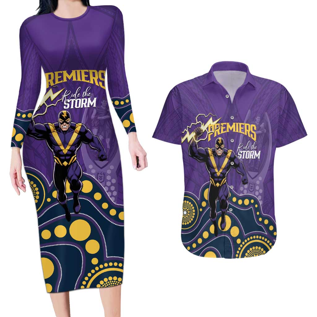 NRL Melbourne Rugby Custom Couples Matching Long Sleeve Bodycon Dress and Hawaiian Shirt Premiers Trophy Ride The Storm - Aussie Hoodie