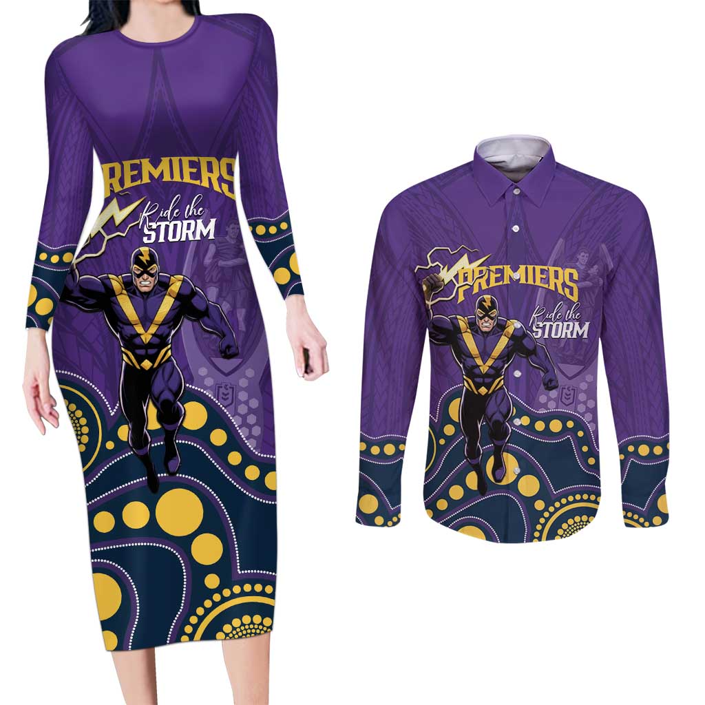 NRL Melbourne Rugby Custom Couples Matching Long Sleeve Bodycon Dress and Long Sleeve Button Shirt Premiers Trophy Ride The Storm - Aussie Hoodie