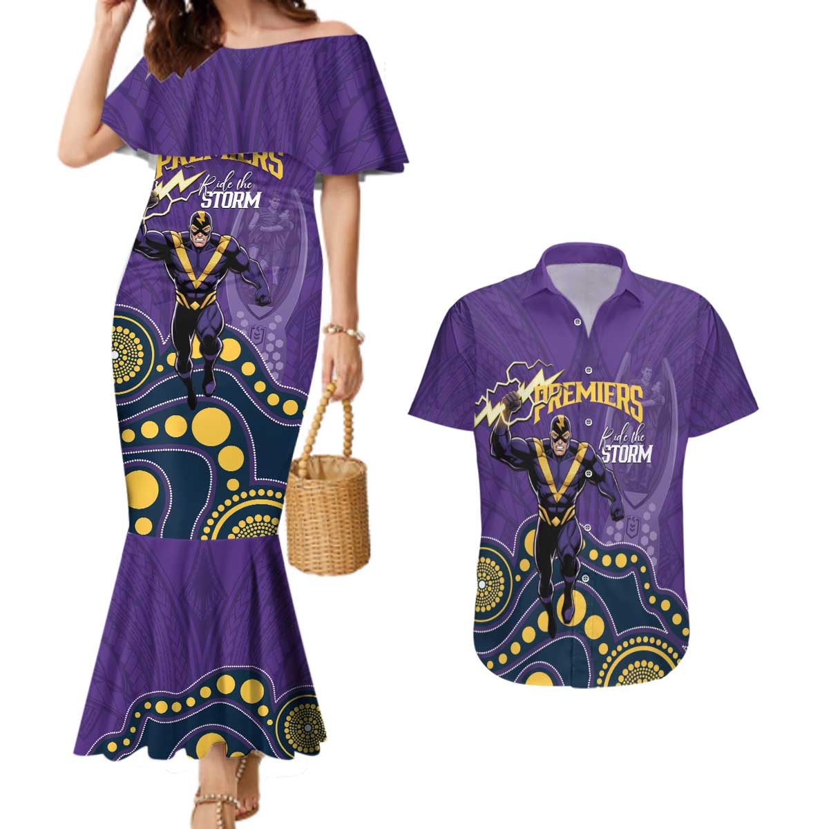 NRL Melbourne Rugby Custom Couples Matching Mermaid Dress and Hawaiian Shirt Premiers Trophy Ride The Storm - Aussie Hoodie