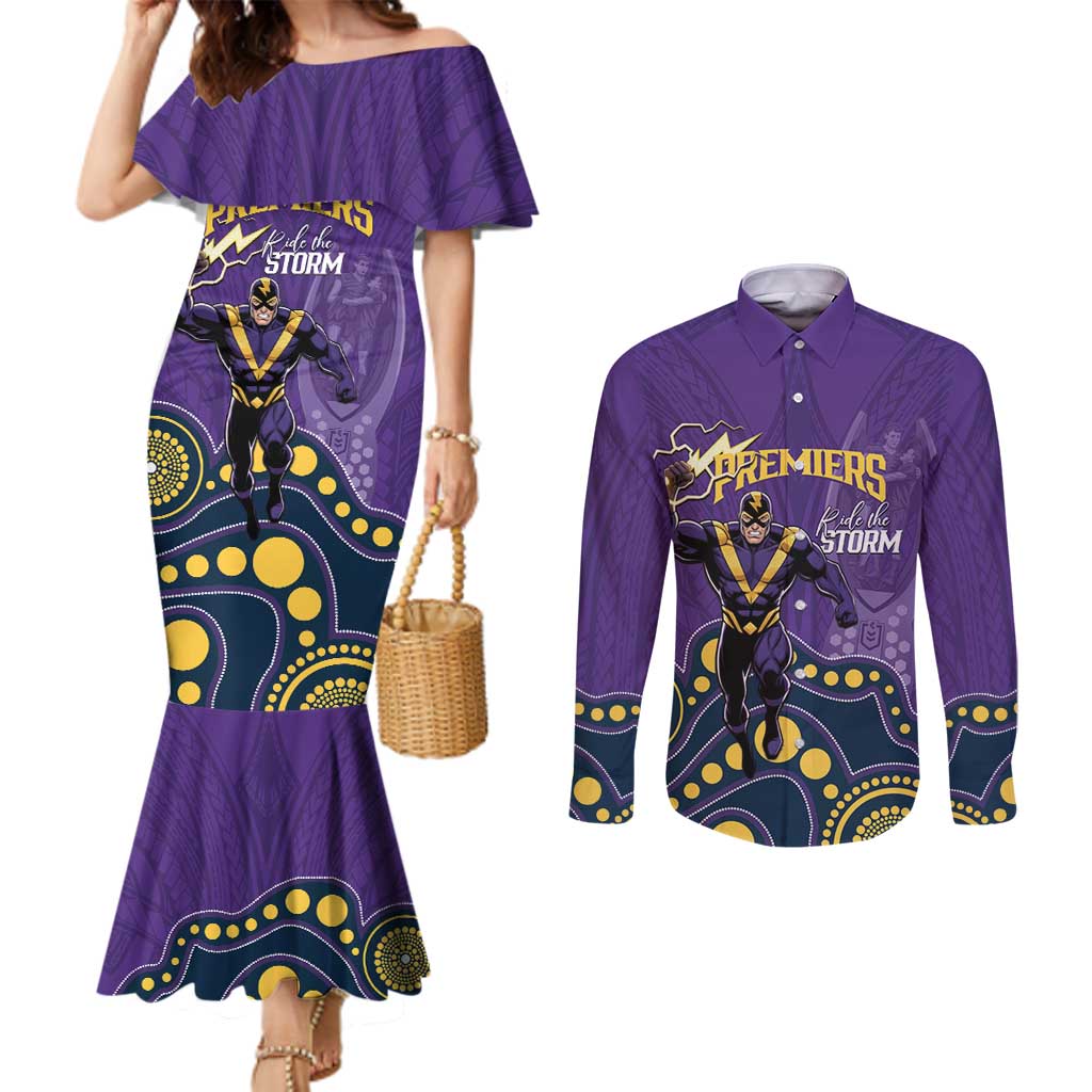 NRL Melbourne Rugby Custom Couples Matching Mermaid Dress and Long Sleeve Button Shirt Premiers Trophy Ride The Storm - Aussie Hoodie