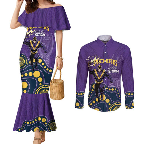 NRL Melbourne Rugby Custom Couples Matching Mermaid Dress and Long Sleeve Button Shirt Premiers Trophy Ride The Storm - Aussie Hoodie