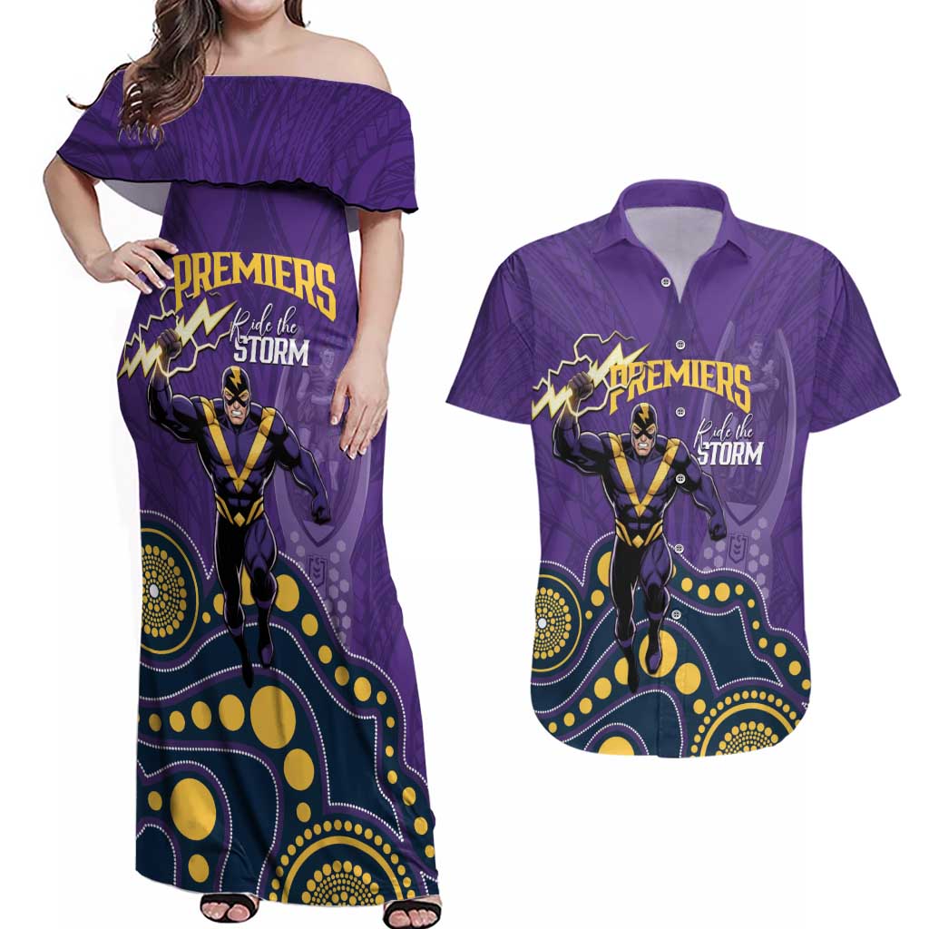 NRL Melbourne Rugby Custom Couples Matching Off Shoulder Maxi Dress and Hawaiian Shirt Premiers Trophy Ride The Storm - Aussie Hoodie