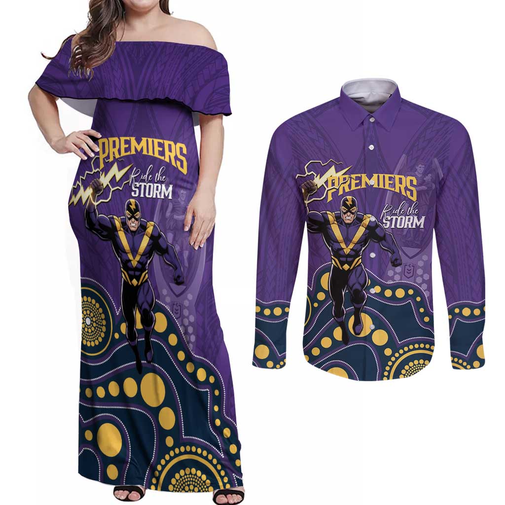 NRL Melbourne Rugby Custom Couples Matching Off Shoulder Maxi Dress and Long Sleeve Button Shirt Premiers Trophy Ride The Storm - Aussie Hoodie