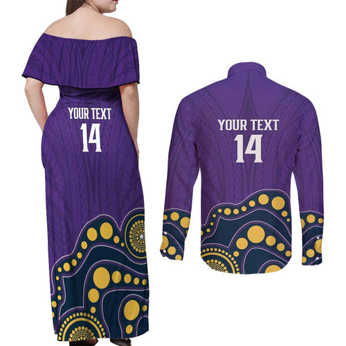 NRL Melbourne Rugby Custom Couples Matching Off Shoulder Maxi Dress and Long Sleeve Button Shirt Premiers Trophy Ride The Storm - Aussie Hoodie