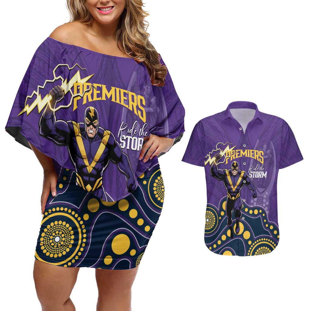 NRL Melbourne Rugby Custom Couples Matching Off Shoulder Short Dress and Hawaiian Shirt Premiers Trophy Ride The Storm - Aussie Hoodie