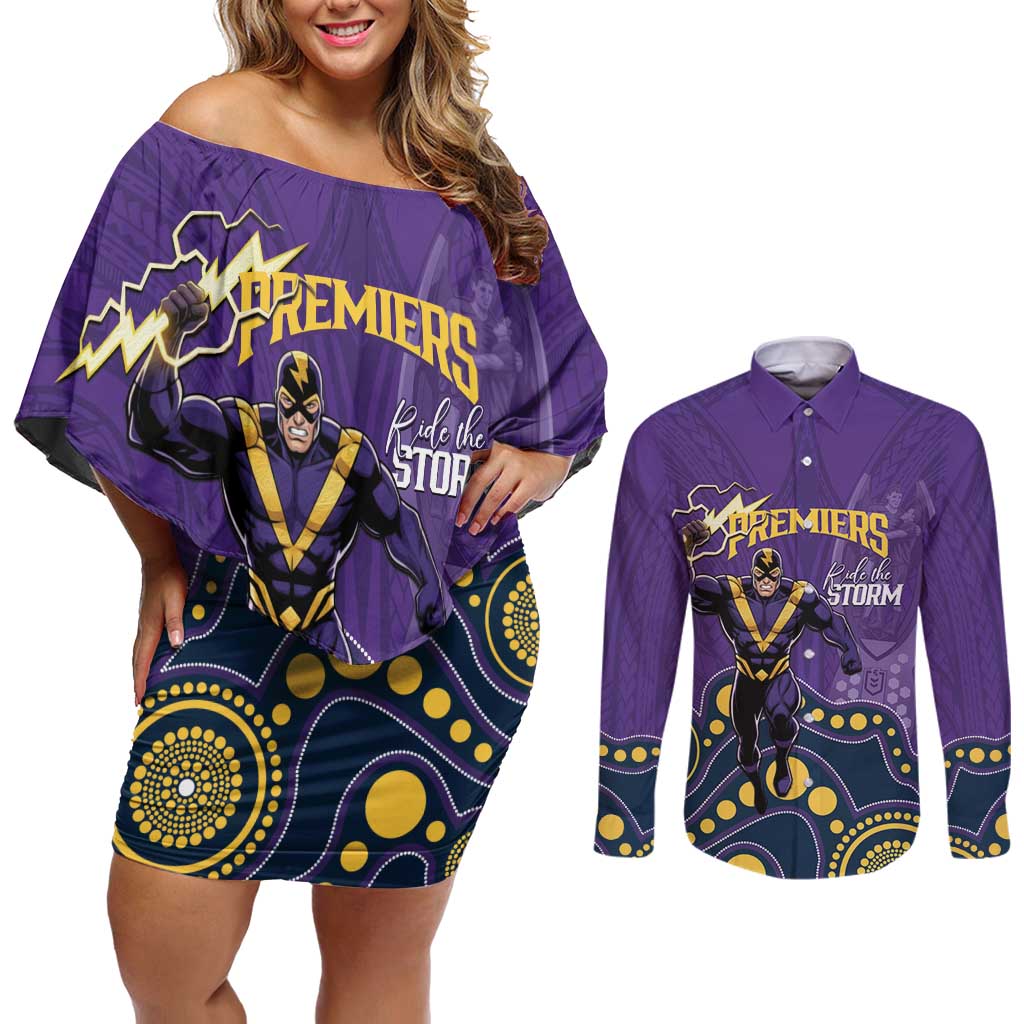 NRL Melbourne Rugby Custom Couples Matching Off Shoulder Short Dress and Long Sleeve Button Shirt Premiers Trophy Ride The Storm - Aussie Hoodie