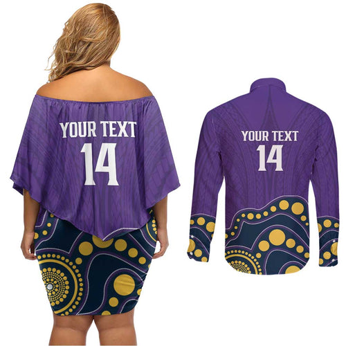 NRL Melbourne Rugby Custom Couples Matching Off Shoulder Short Dress and Long Sleeve Button Shirt Premiers Trophy Ride The Storm - Aussie Hoodie