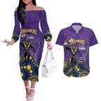 NRL Melbourne Rugby Custom Couples Matching Off The Shoulder Long Sleeve Dress and Hawaiian Shirt Premiers Trophy Ride The Storm - Aussie Hoodie