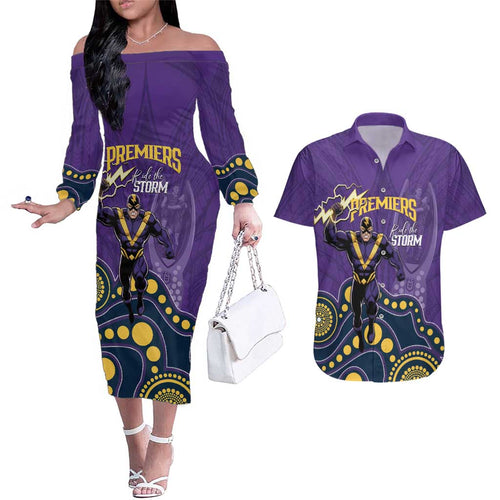 NRL Melbourne Rugby Custom Couples Matching Off The Shoulder Long Sleeve Dress and Hawaiian Shirt Premiers Trophy Ride The Storm - Aussie Hoodie