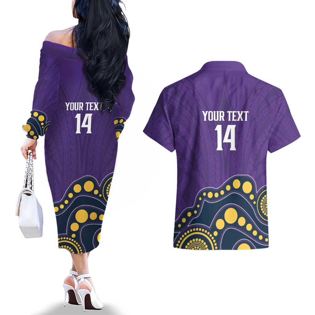 NRL Melbourne Rugby Custom Couples Matching Off The Shoulder Long Sleeve Dress and Hawaiian Shirt Premiers Trophy Ride The Storm - Aussie Hoodie