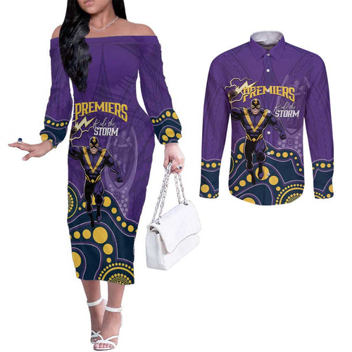 NRL Melbourne Rugby Custom Couples Matching Off The Shoulder Long Sleeve Dress and Long Sleeve Button Shirt Premiers Trophy Ride The Storm - Aussie Hoodie