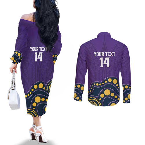 NRL Melbourne Rugby Custom Couples Matching Off The Shoulder Long Sleeve Dress and Long Sleeve Button Shirt Premiers Trophy Ride The Storm - Aussie Hoodie