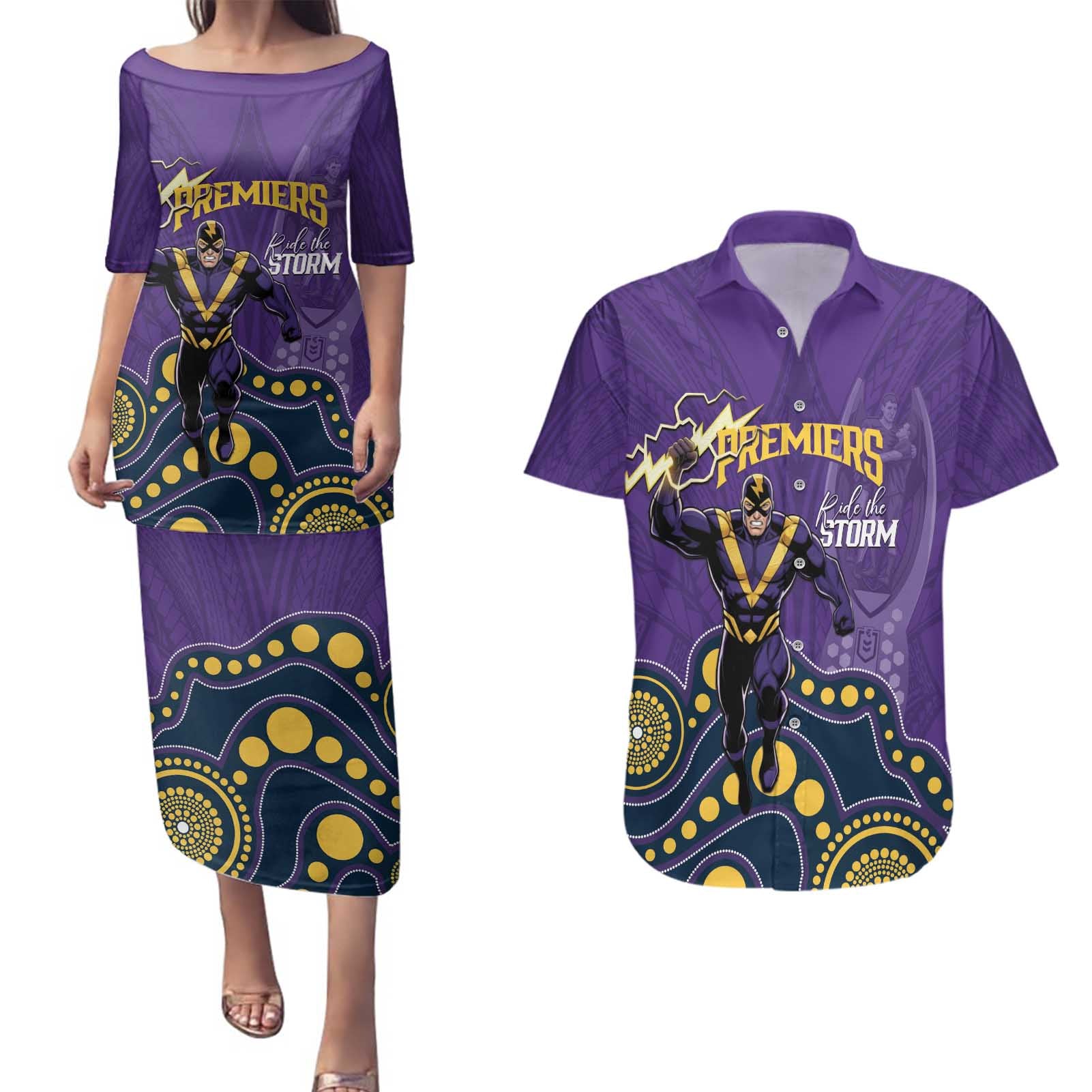 NRL Melbourne Rugby Custom Couples Matching Puletasi and Hawaiian Shirt Premiers Trophy Ride The Storm - Aussie Hoodie