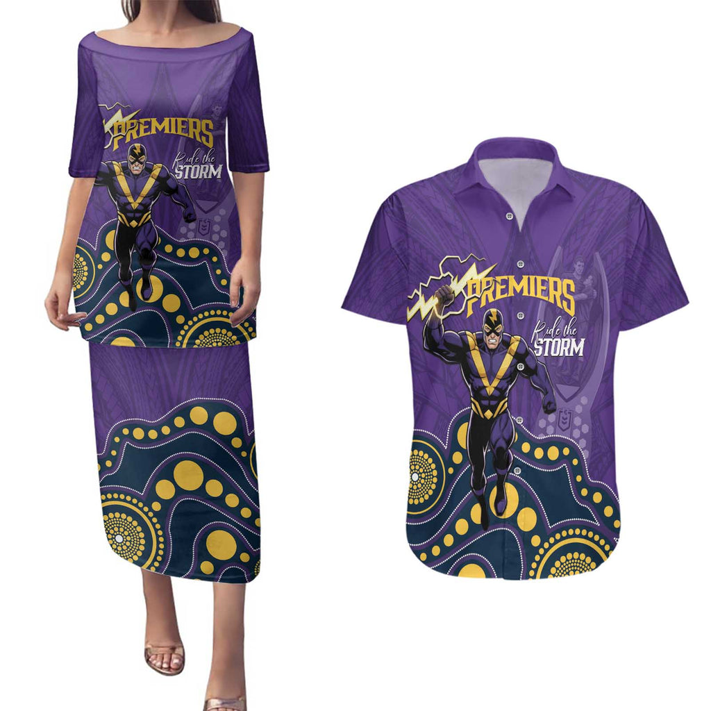 NRL Melbourne Rugby Custom Couples Matching Puletasi and Hawaiian Shirt Premiers Trophy Ride The Storm - Aussie Hoodie