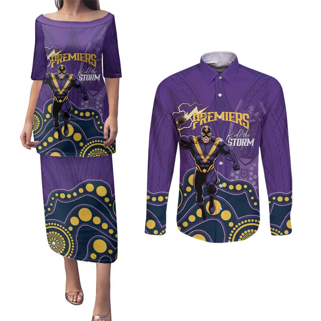NRL Melbourne Rugby Custom Couples Matching Puletasi and Long Sleeve Button Shirt Premiers Trophy Ride The Storm - Aussie Hoodie