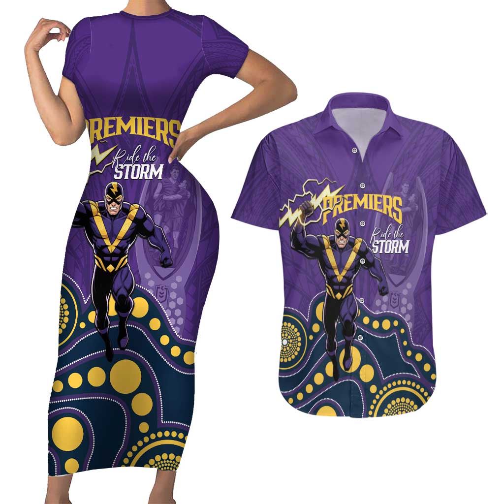 NRL Melbourne Rugby Custom Couples Matching Short Sleeve Bodycon Dress and Hawaiian Shirt Premiers Trophy Ride The Storm - Aussie Hoodie