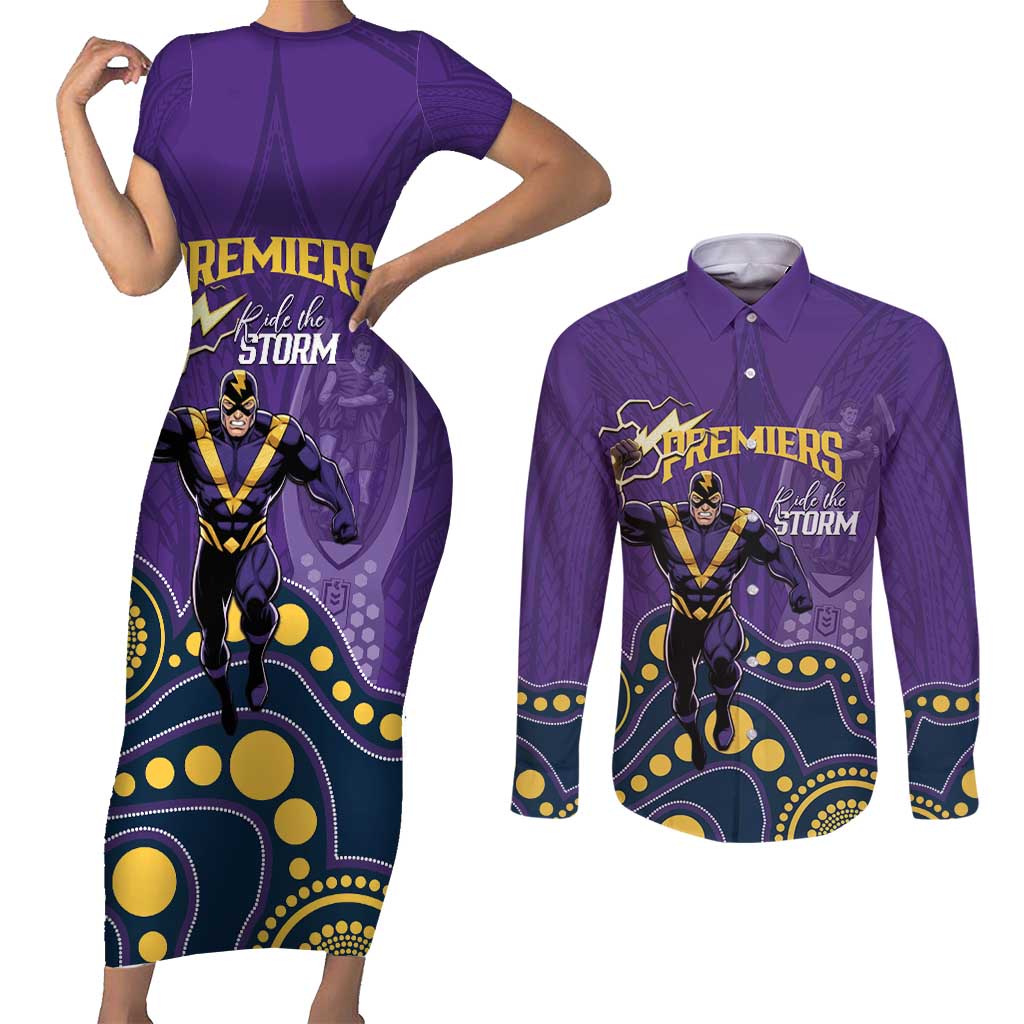NRL Melbourne Rugby Custom Couples Matching Short Sleeve Bodycon Dress and Long Sleeve Button Shirt Premiers Trophy Ride The Storm - Aussie Hoodie