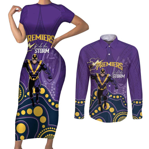 NRL Melbourne Rugby Custom Couples Matching Short Sleeve Bodycon Dress and Long Sleeve Button Shirt Premiers Trophy Ride The Storm - Aussie Hoodie