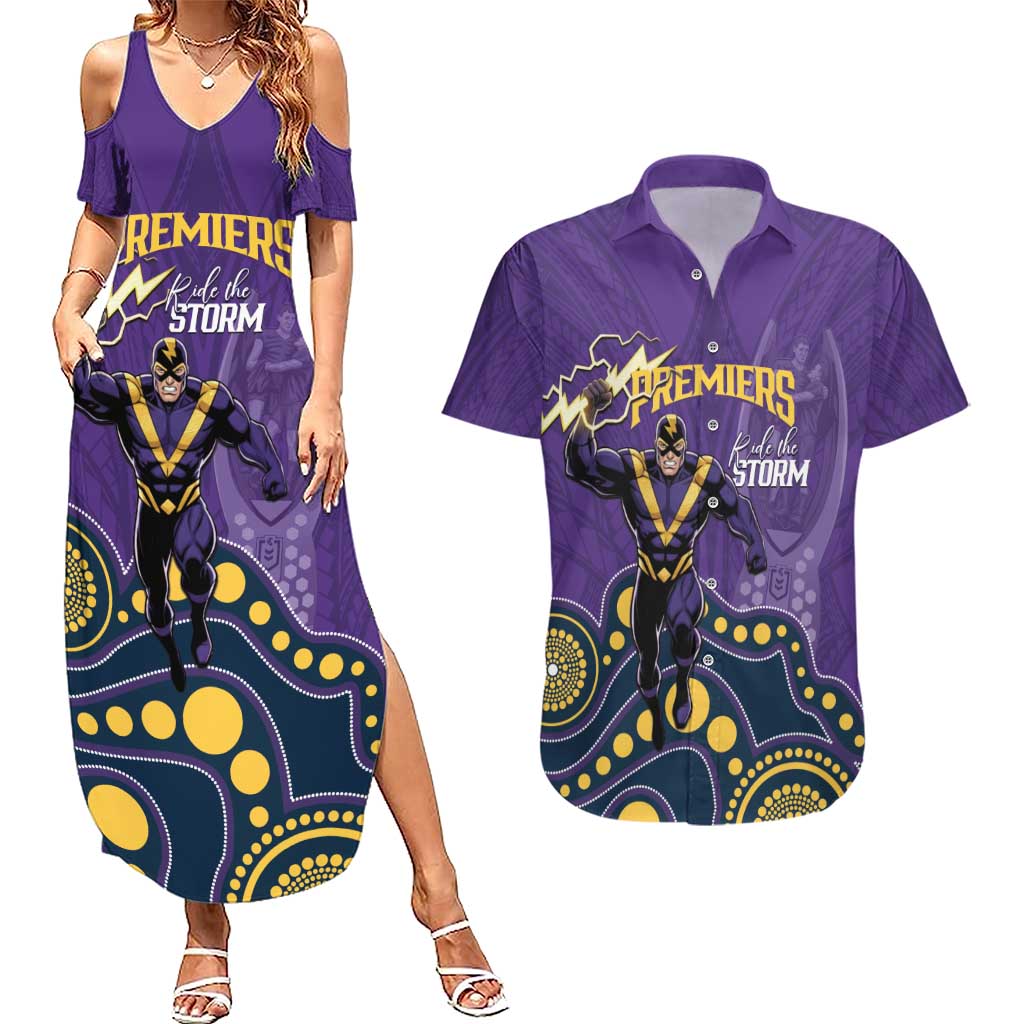 NRL Melbourne Rugby Custom Couples Matching Summer Maxi Dress and Hawaiian Shirt Premiers Trophy Ride The Storm - Aussie Hoodie