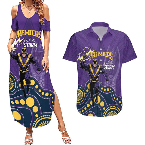 NRL Melbourne Rugby Custom Couples Matching Summer Maxi Dress and Hawaiian Shirt Premiers Trophy Ride The Storm - Aussie Hoodie