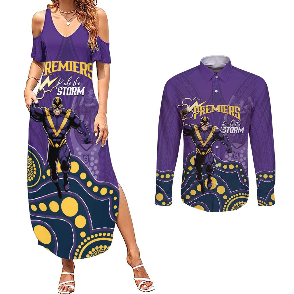 NRL Melbourne Rugby Custom Couples Matching Summer Maxi Dress and Long Sleeve Button Shirt Premiers Trophy Ride The Storm - Aussie Hoodie