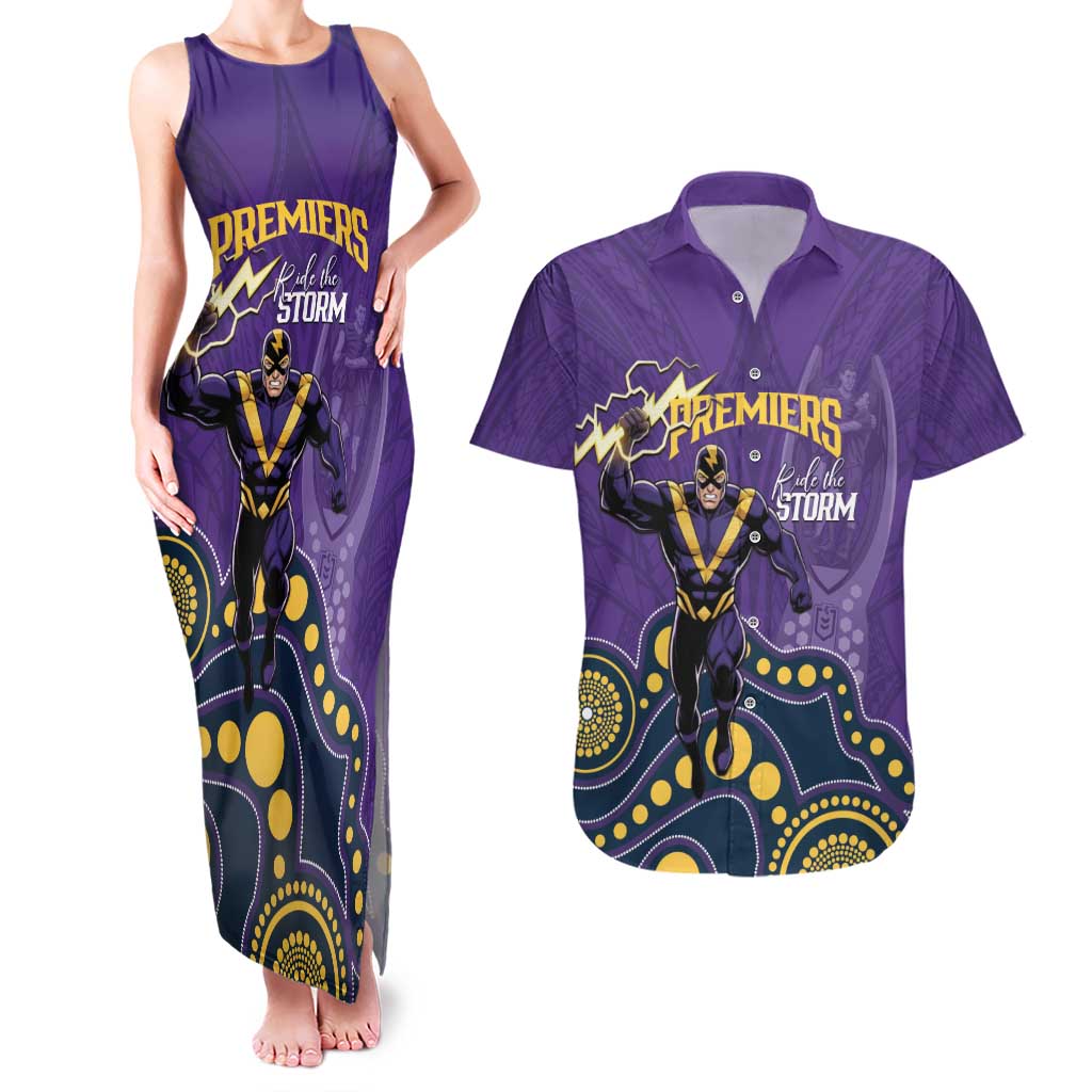 NRL Melbourne Rugby Custom Couples Matching Tank Maxi Dress and Hawaiian Shirt Premiers Trophy Ride The Storm - Aussie Hoodie