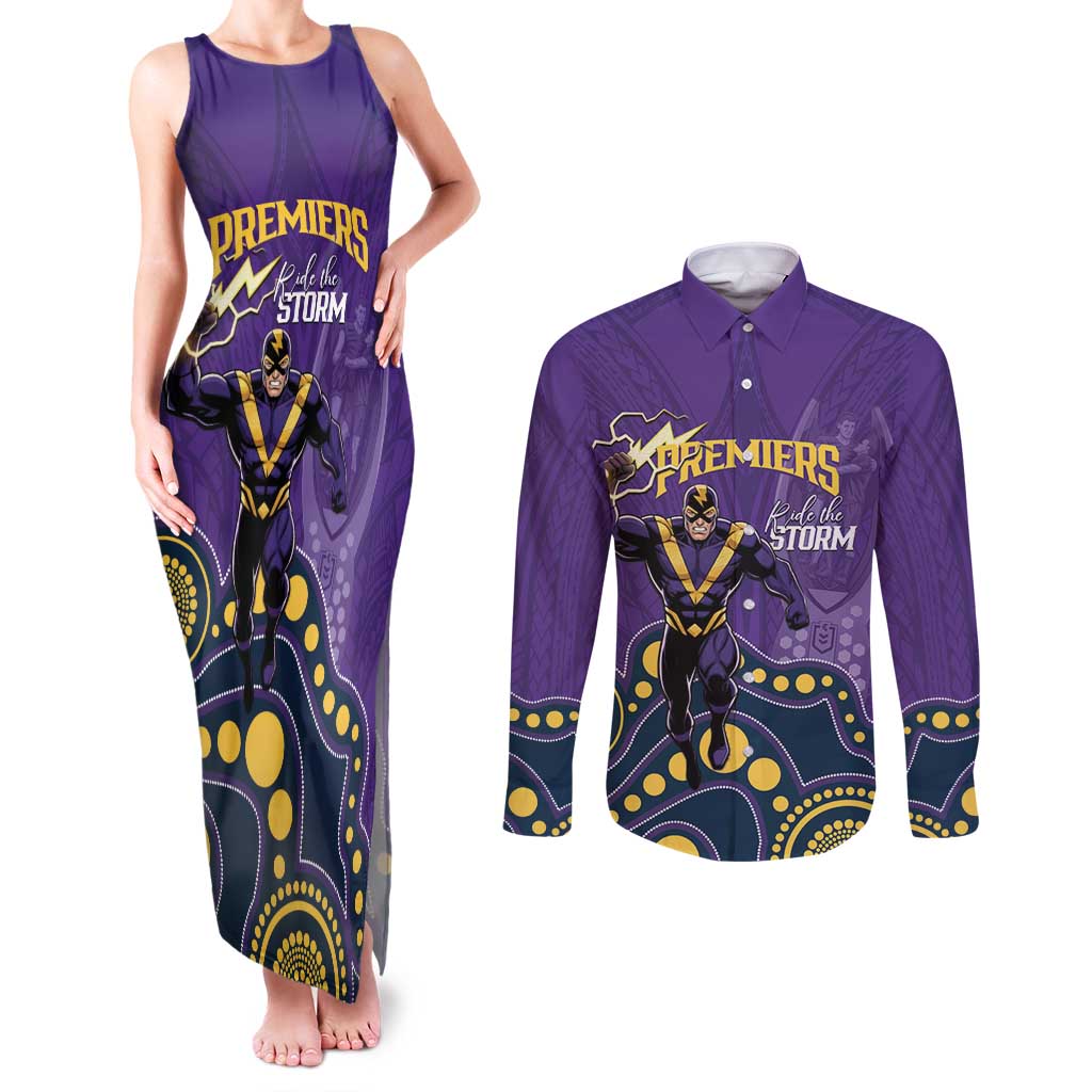 NRL Melbourne Rugby Custom Couples Matching Tank Maxi Dress and Long Sleeve Button Shirt Premiers Trophy Ride The Storm - Aussie Hoodie