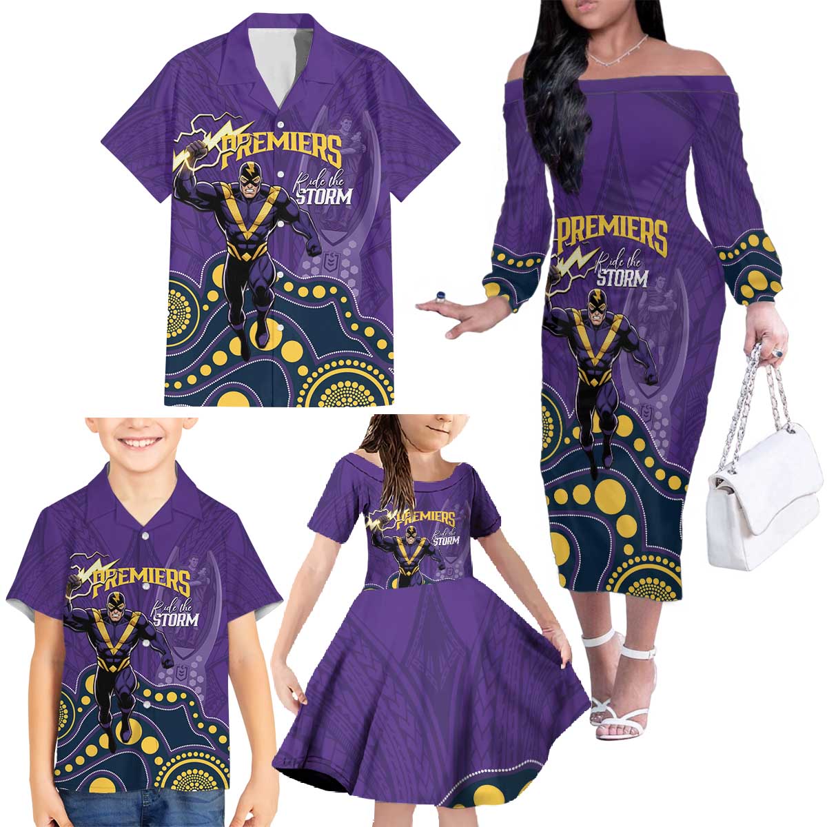 NRL Melbourne Rugby Custom Family Matching Off The Shoulder Long Sleeve Dress and Hawaiian Shirt Premiers Trophy Ride The Storm - Aussie Hoodie
