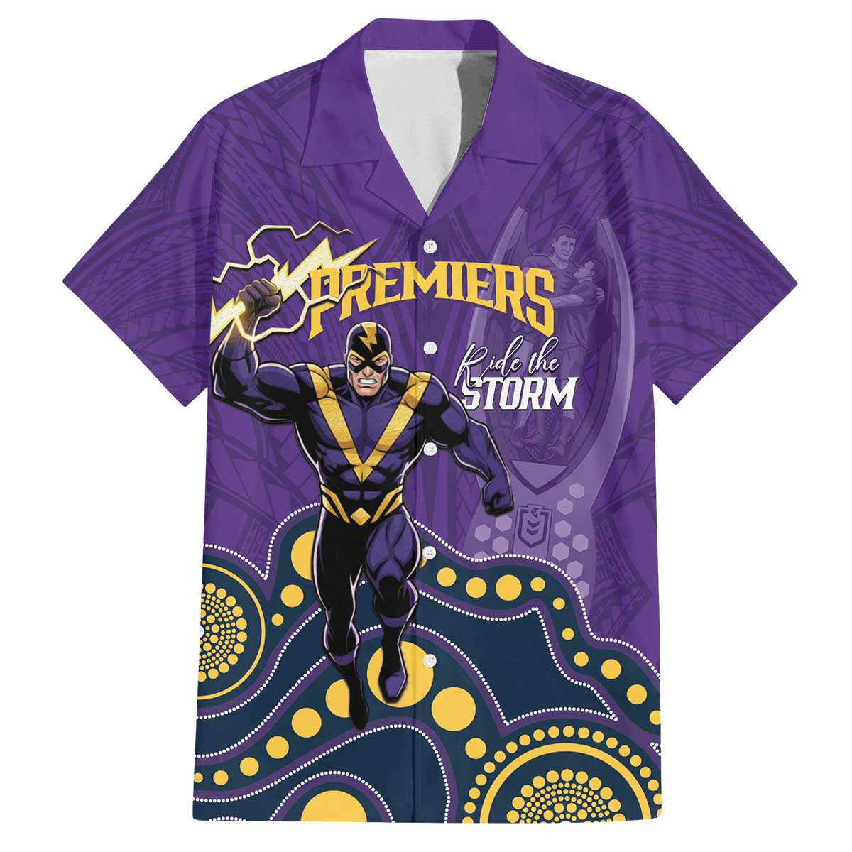 NRL Melbourne Rugby Custom Family Matching Off The Shoulder Long Sleeve Dress and Hawaiian Shirt Premiers Trophy Ride The Storm - Aussie Hoodie