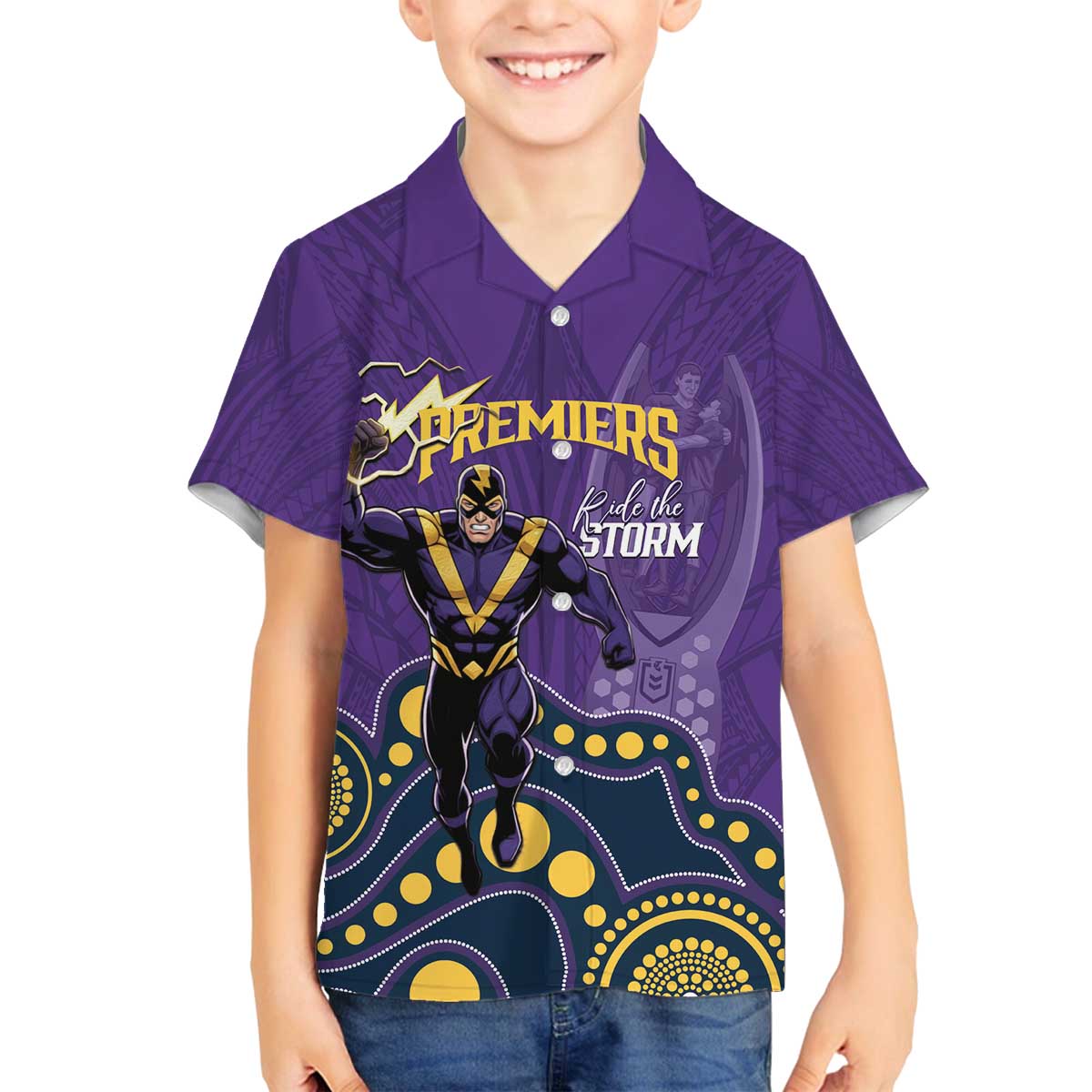 NRL Melbourne Rugby Custom Family Matching Off The Shoulder Long Sleeve Dress and Hawaiian Shirt Premiers Trophy Ride The Storm - Aussie Hoodie