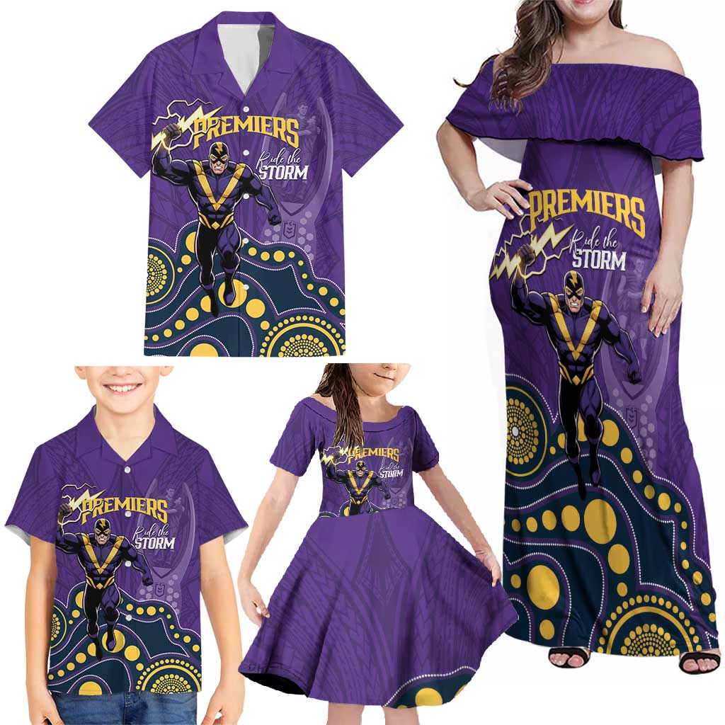 NRL Melbourne Rugby Custom Family Matching Off Shoulder Maxi Dress and Hawaiian Shirt Premiers Trophy Ride The Storm - Aussie Hoodie