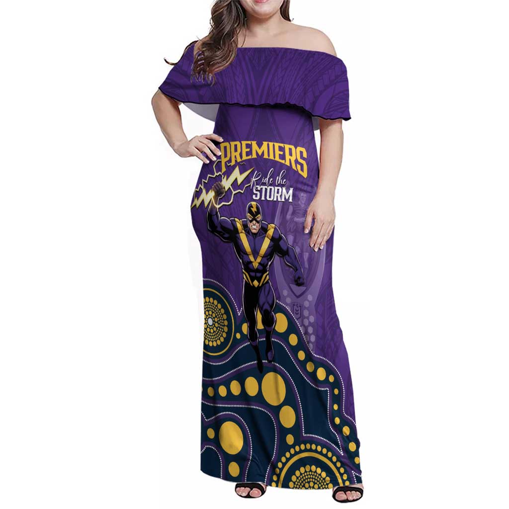NRL Melbourne Rugby Custom Family Matching Off Shoulder Maxi Dress and Hawaiian Shirt Premiers Trophy Ride The Storm - Aussie Hoodie