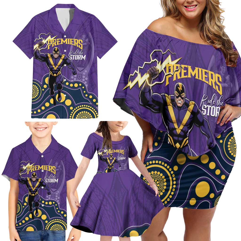 NRL Melbourne Rugby Custom Family Matching Off Shoulder Short Dress and Hawaiian Shirt Premiers Trophy Ride The Storm - Aussie Hoodie