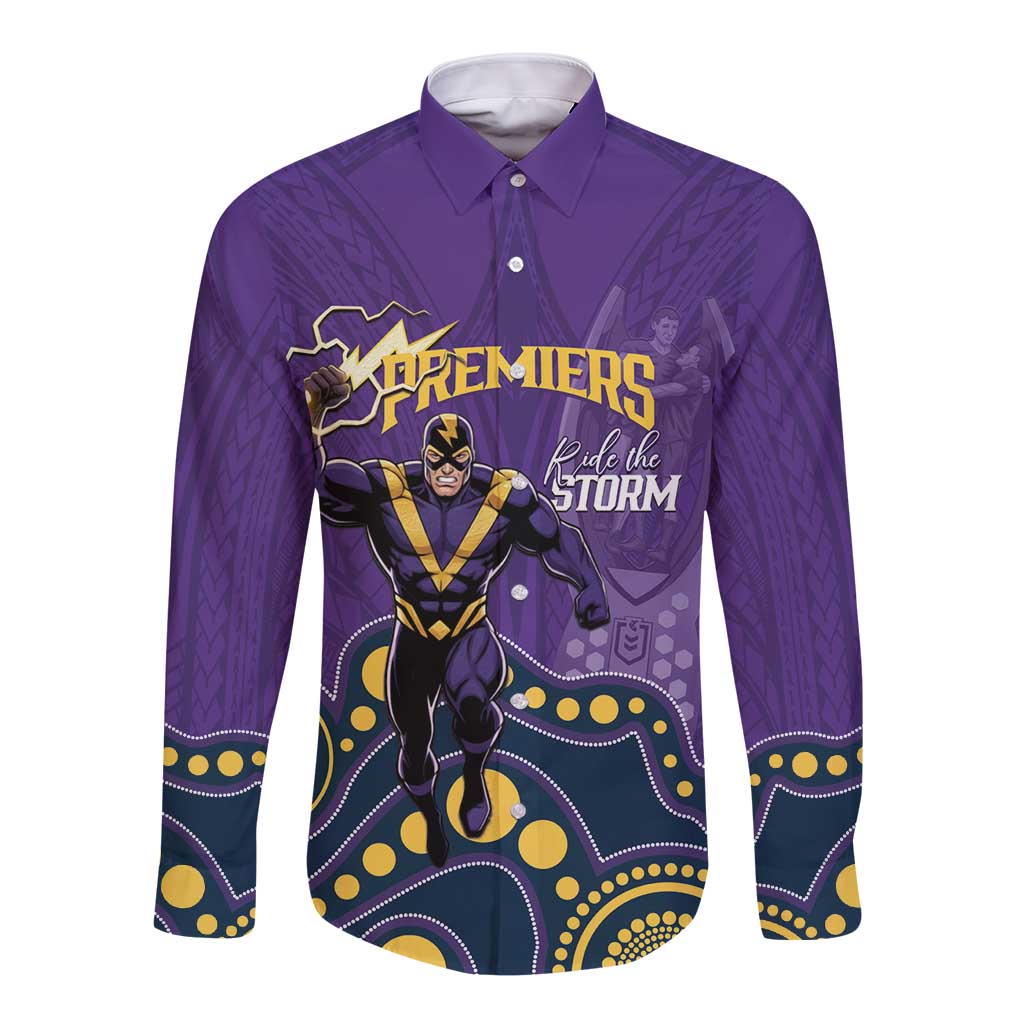 NRL Melbourne Rugby Custom Long Sleeve Button Shirt Premiers Trophy Ride The Storm - Aussie Hoodie