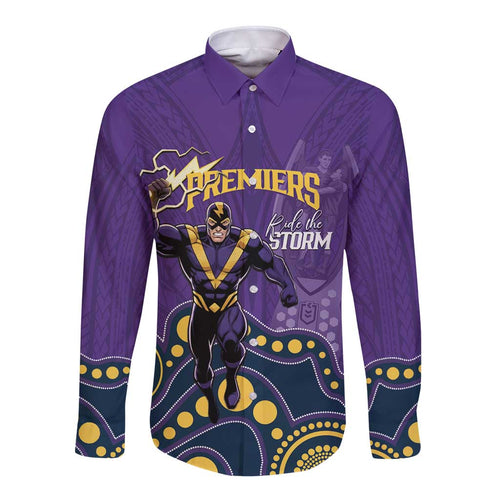 NRL Melbourne Rugby Custom Long Sleeve Button Shirt Premiers Trophy Ride The Storm - Aussie Hoodie