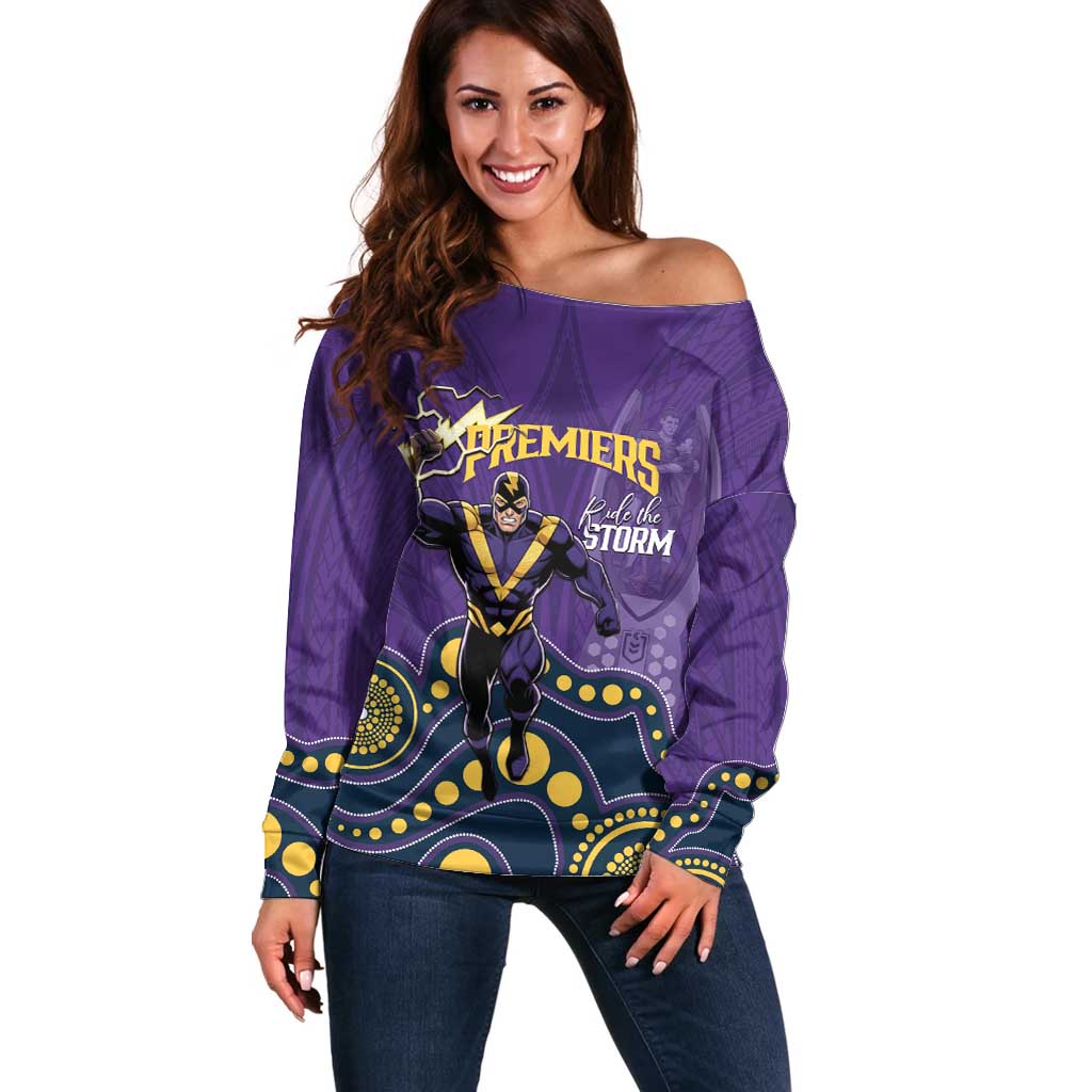 NRL Melbourne Rugby Custom Off Shoulder Sweater Premiers Trophy Ride The Storm - Aussie Hoodie