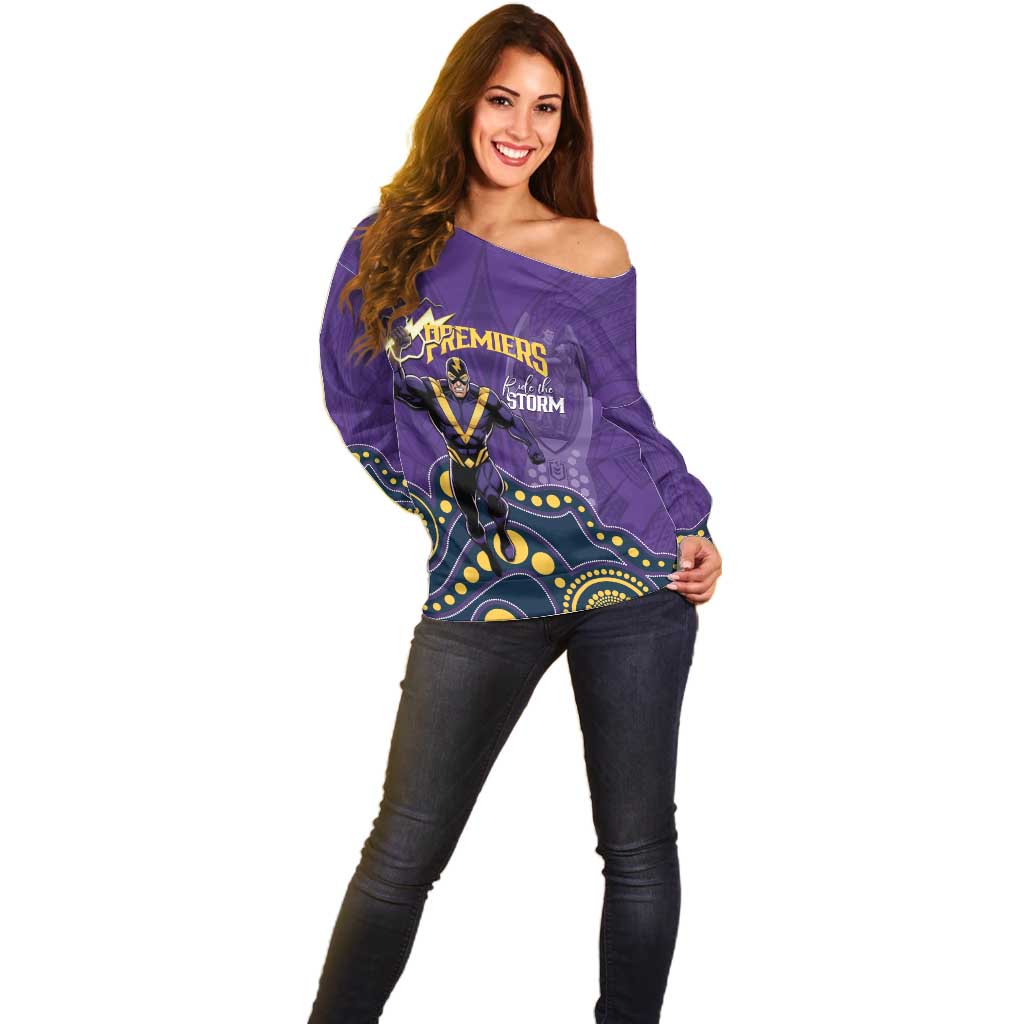 NRL Melbourne Rugby Custom Off Shoulder Sweater Premiers Trophy Ride The Storm - Aussie Hoodie