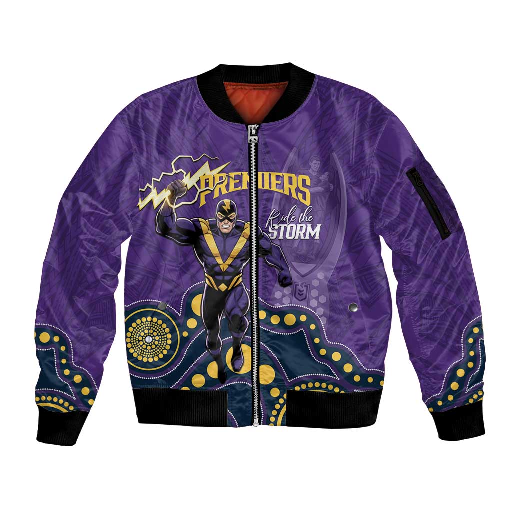 NRL Melbourne Rugby Custom Sleeve Zip Bomber Jacket Premiers Trophy Ride The Storm - Aussie Hoodie