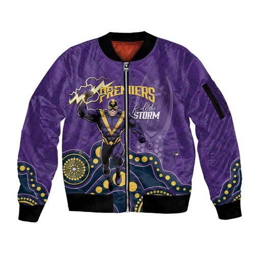 NRL Melbourne Rugby Custom Sleeve Zip Bomber Jacket Premiers Trophy Ride The Storm - Aussie Hoodie