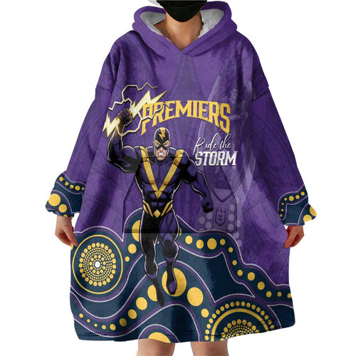 NRL Melbourne Rugby Custom Wearable Blanket Hoodie Premiers Trophy Ride The Storm - Aussie Hoodie