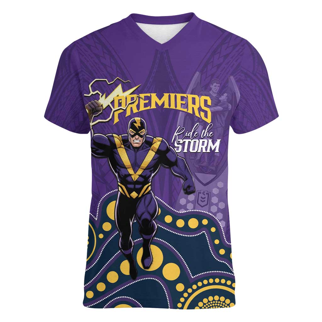 NRL Melbourne Rugby Custom Women V-Neck T-Shirt Premiers Trophy Ride The Storm - Aussie Hoodie