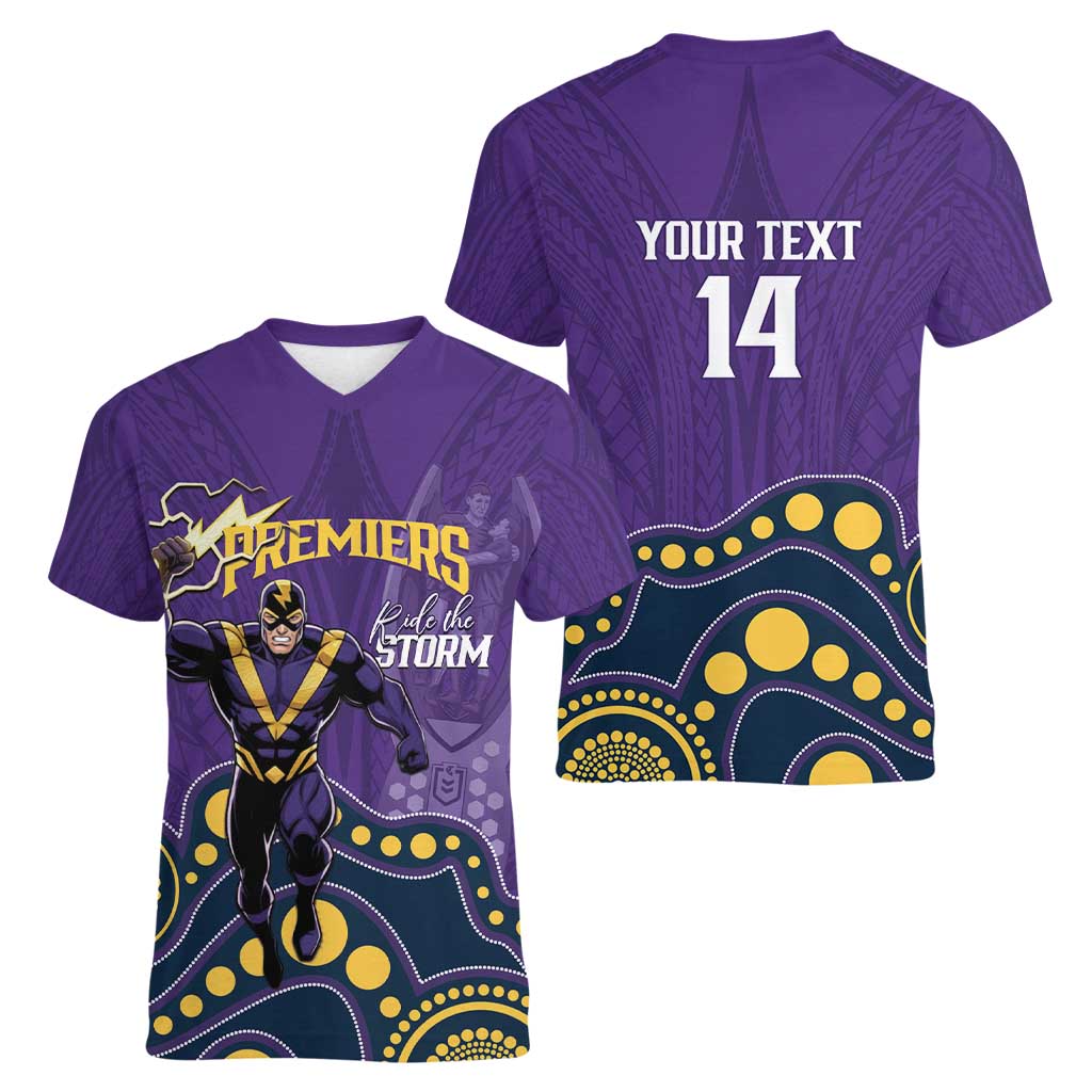 NRL Melbourne Rugby Custom Women V-Neck T-Shirt Premiers Trophy Ride The Storm - Aussie Hoodie