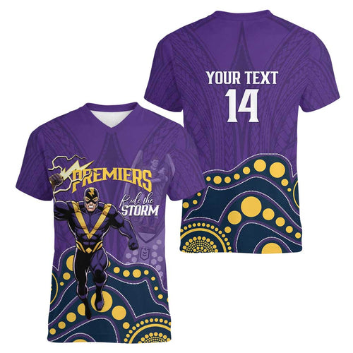 NRL Melbourne Rugby Custom Women V-Neck T-Shirt Premiers Trophy Ride The Storm - Aussie Hoodie
