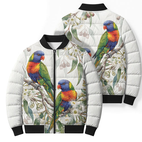 Australia Rainbow Lorikeets White Eucalyptus Blossoms Bomber Puffer Jacket