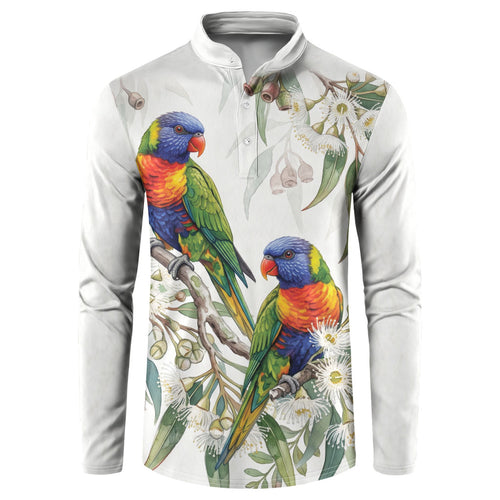 Australia Rainbow Lorikeets White Eucalyptus Blossoms Button Sweatshirt