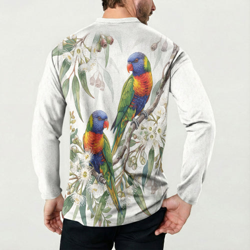 Australia Rainbow Lorikeets White Eucalyptus Blossoms Button Sweatshirt