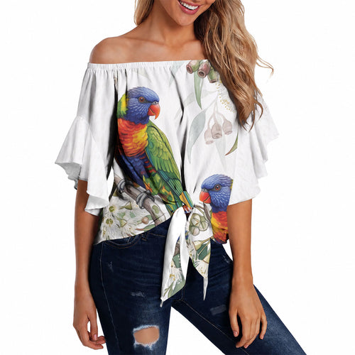 Australia Rainbow Lorikeets White Eucalyptus Blossoms Off Shoulder Wrap Waist Top