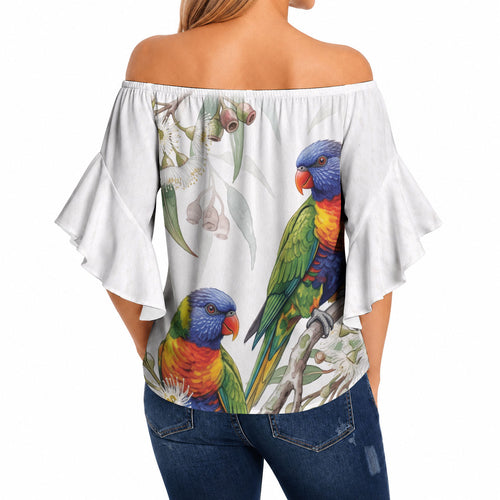Australia Rainbow Lorikeets White Eucalyptus Blossoms Off Shoulder Wrap Waist Top