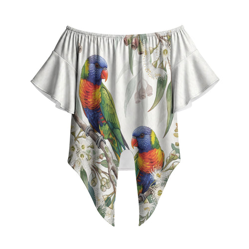 Australia Rainbow Lorikeets White Eucalyptus Blossoms Off Shoulder Wrap Waist Top