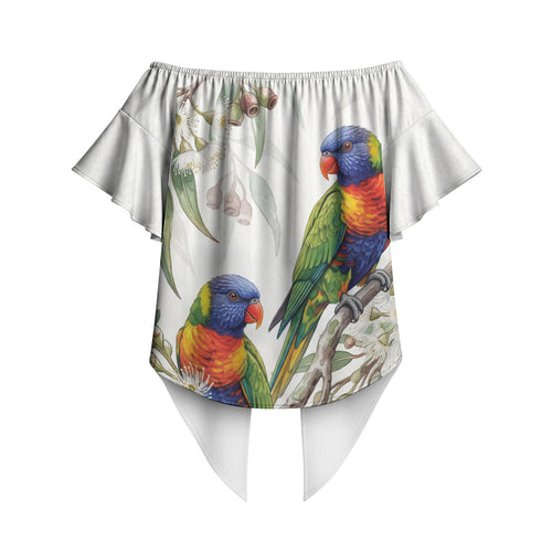 Australia Rainbow Lorikeets White Eucalyptus Blossoms Off Shoulder Wrap Waist Top